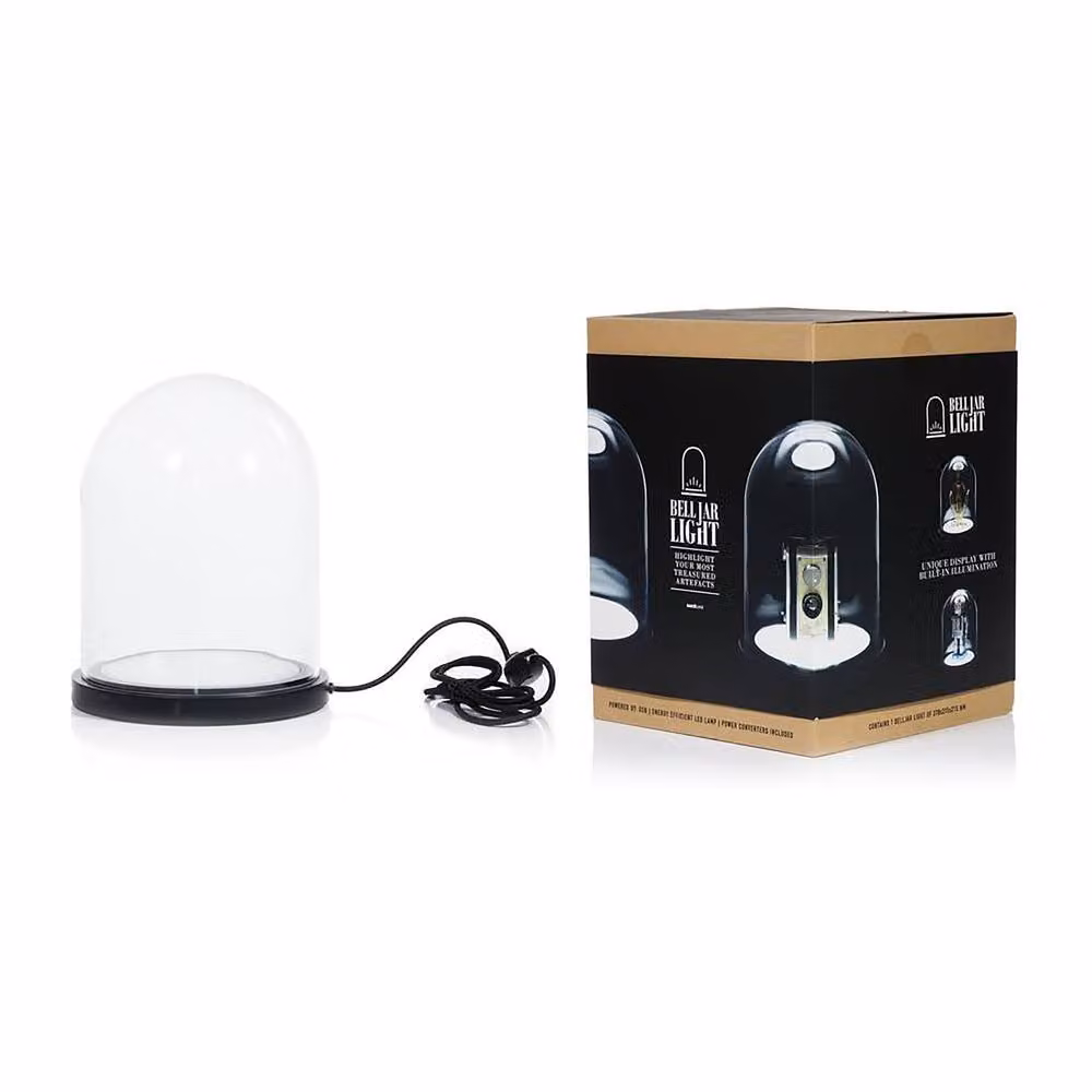 Simpa Bell Jar Display Dome with USB Powered LED Light in Clear Glass and Wood – 2