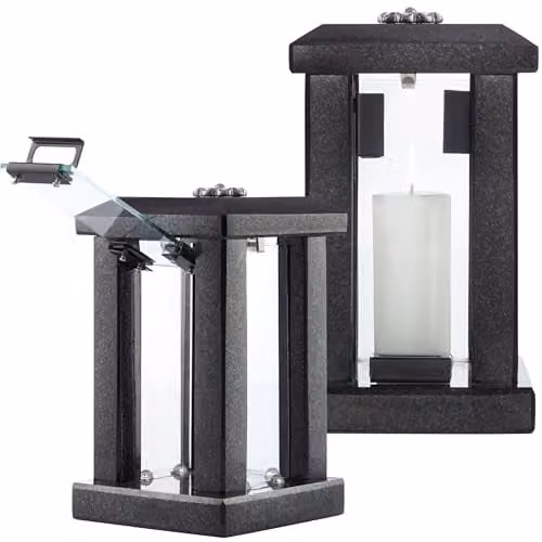 NOVECRAFTO Large Granite Candle Lantern with Flower Decor in Polished Black Stone, Height: 32 cm – 1
