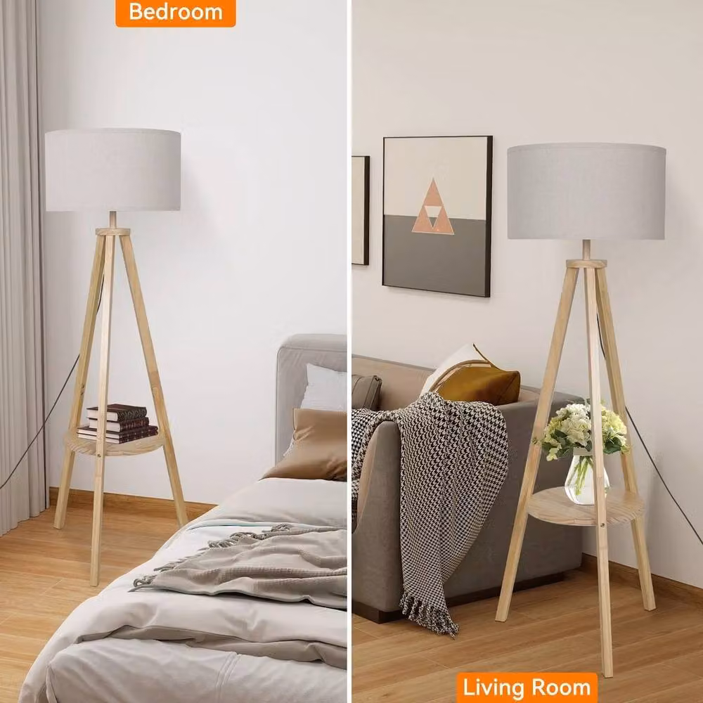 Kelvenix Tripod Floor Lamp with Beige Fabric Cylinder Shade and Wood Base, Height: 157 cm – 2