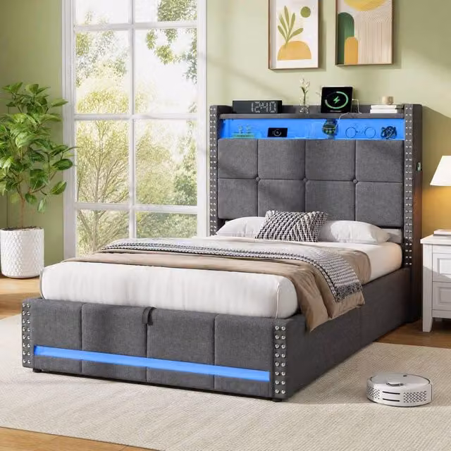STILVORA Grey Single Ottoman Bed with LED Under-Bed Lighting and USB Charging Ports, W/D/H: 90 x 190 cm – 1