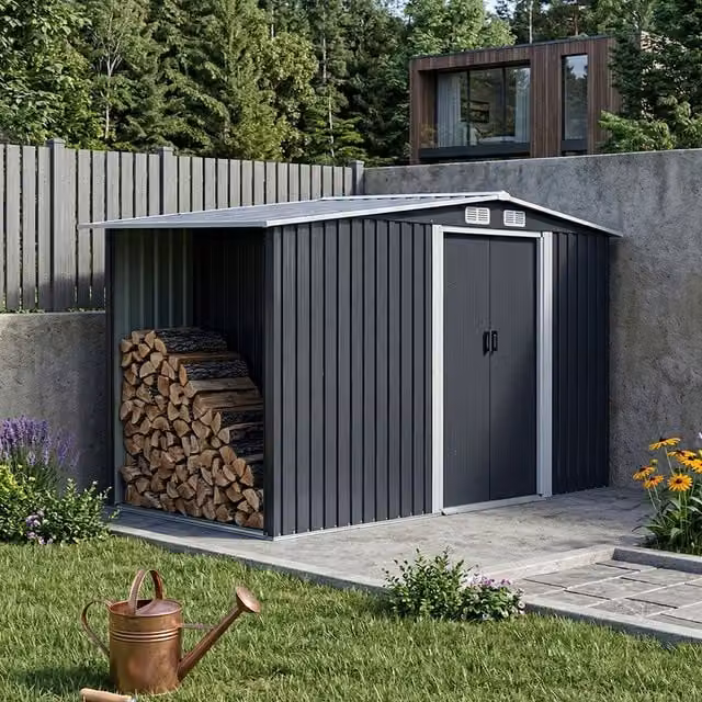 Breeins Metal Garden Shed with Log Store in Anthracite Grey