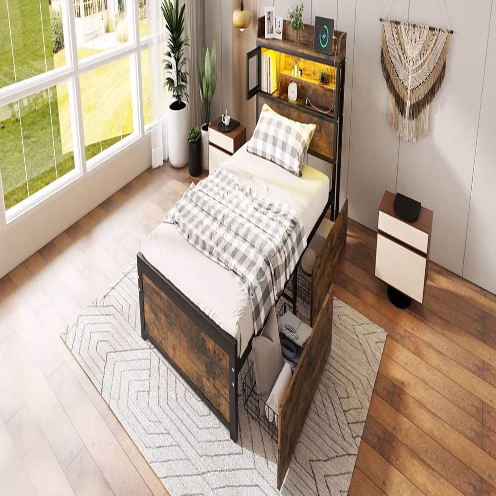 Rolipo Single Metal Bed Frame in Black with LED Lights, USB Charging Port and 2 Storage Drawers, W/D/H: 90 x 190 cm – 5