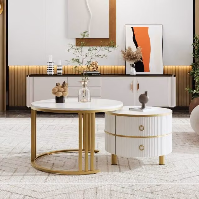 BTM 2-in-1 Round Modern Coffee Table with Marble Top and 2 Drawers, White