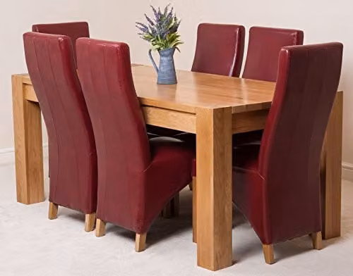 Thats Furniture Kuba Oak Dining Table and 6 Lola Red Leather Chairs Set, W/D/H: 180 x 90 x 78 cm