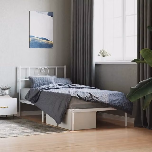 Berkfield Home Metal Bed Frame with Headboard in White W: 107 cm, L: 203 cm – 1