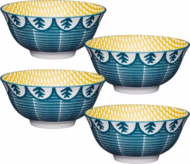 KitchenCraft 4-Piece Blue Geometric Ceramic Stoneware Bowl Set