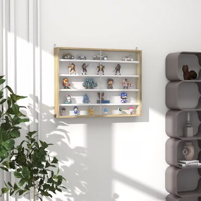 HOMCOM Wall Mounted Display Shelf Cabinet with Glass Doors in Natural Brown