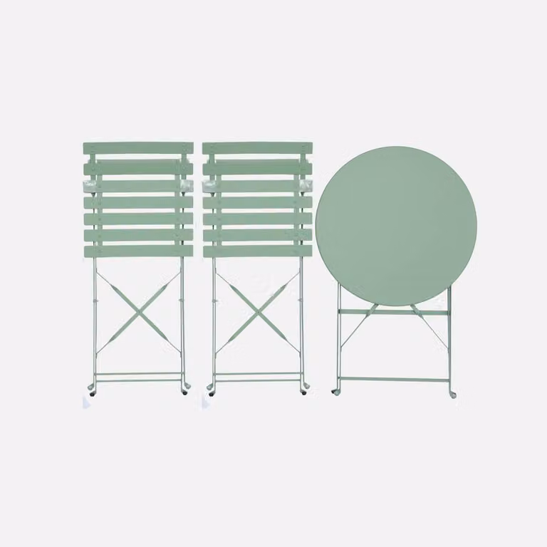 sweeek Round Folding Metal Bistro Garden Table and 2 Chairs Set in Matt Green, W/D/H: 60 x 60 x 71 cm
