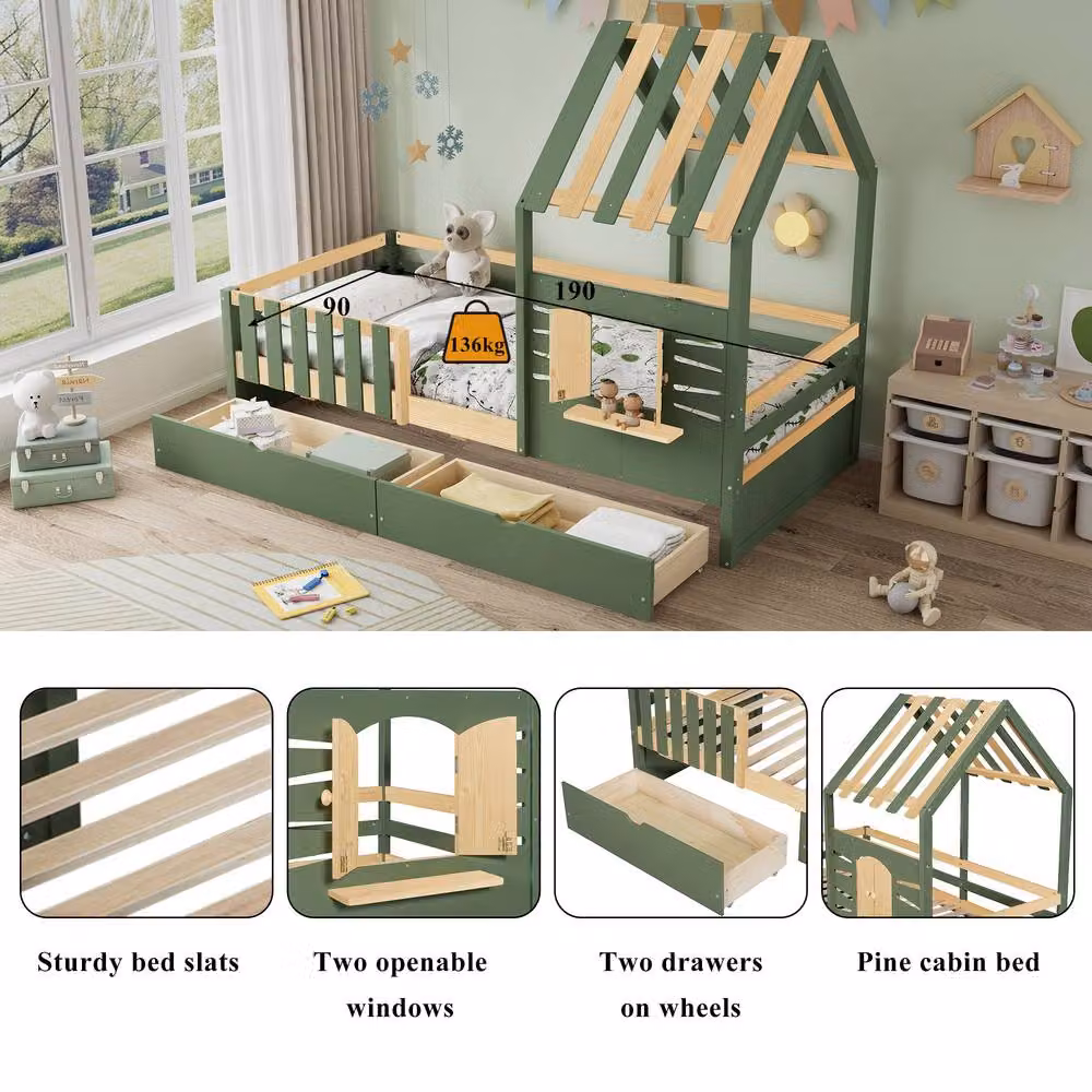 ModernLuxe Wooden Kids Single Bed with House-Shaped Headboard and 2 Drawers, Green, W/D/H: 90 x 190 x 166 cm – 2