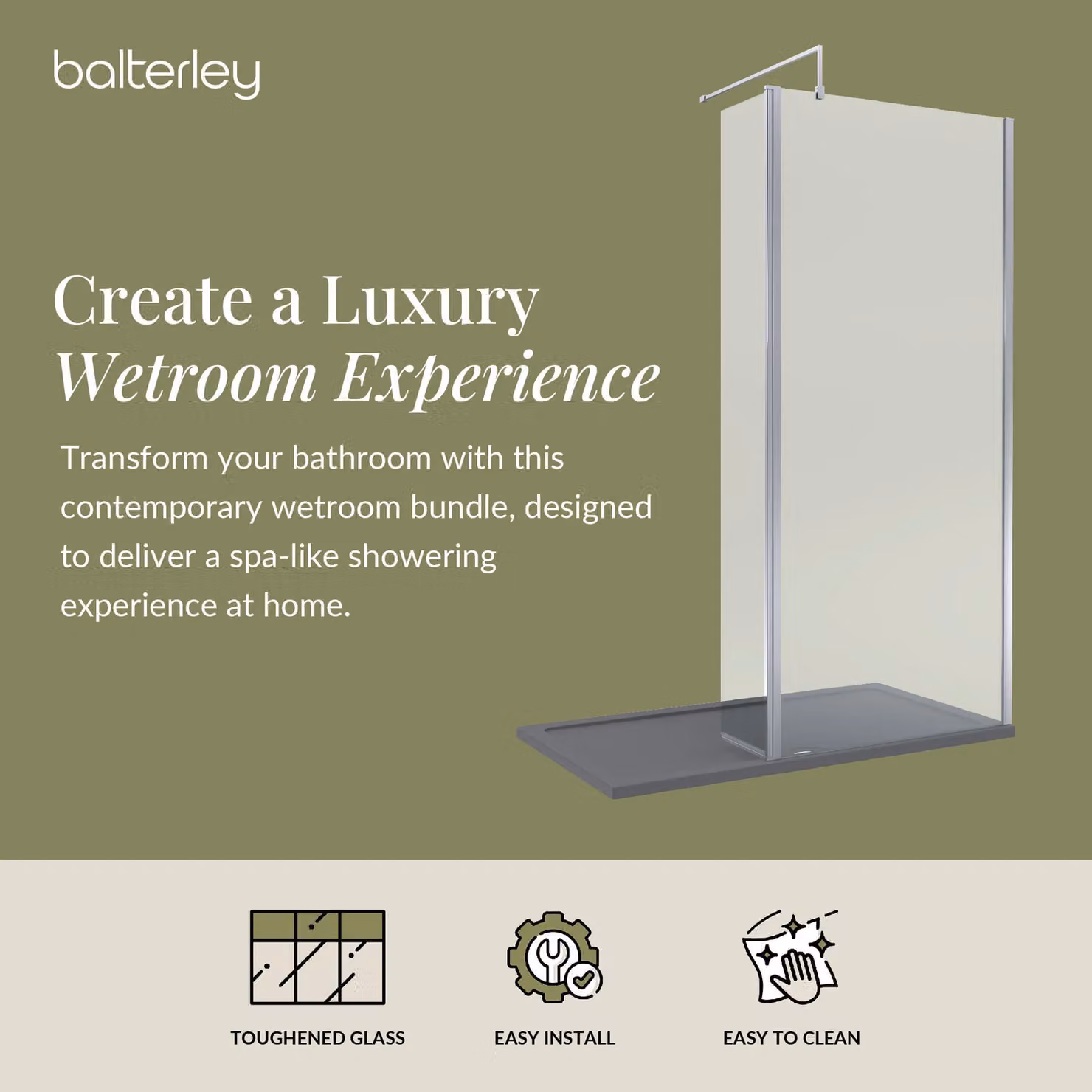Balterley 8mm Glass Walk-in Wetroom Screen and Return with Chrome Frame and Grey Tray, W: 140 cm, D: 90 cm – 3