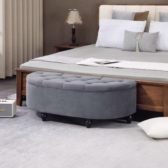 HOMCOM Semi-Circle Velvet Upholstered Ottoman Storage Bench in Grey, W/D/H: 120 x 46 x 42 cm