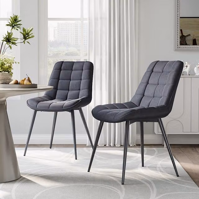 Komore Set of 2 Modern Grey Velvet Upholstered Dining Chairs with Metal Legs