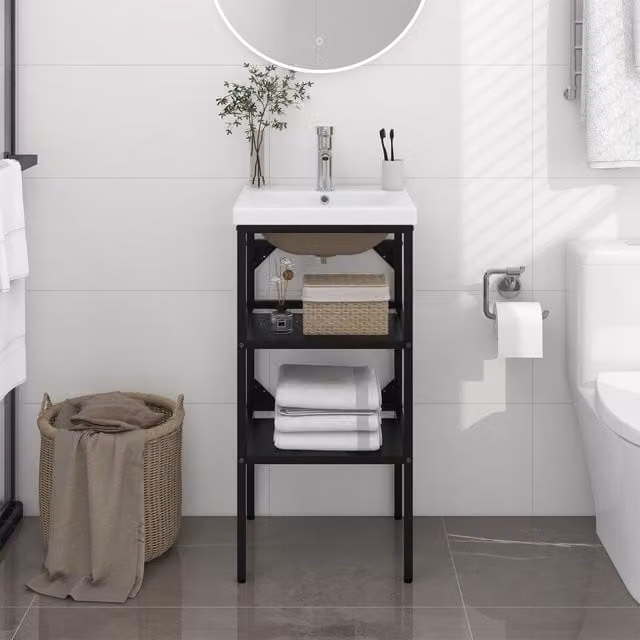 Berkfield Home Modern Bathroom Washbasin Frame with Built-in Ceramic Basin in Matt Black Metal