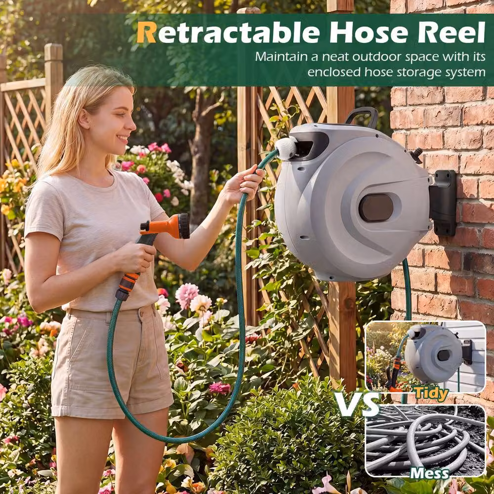 Gymax Retractable Hose Reel with Auto-Rewind and Wall Mount, 1/2 Inch, 30m + 2m, Grey – 5
