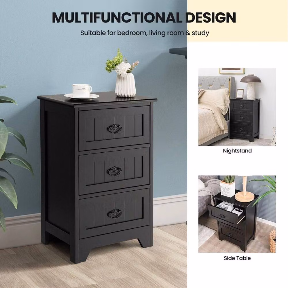 VOGREX Vintage Black Lacquered Wood 3-Drawer Bedside Nightstand Side Table – 4