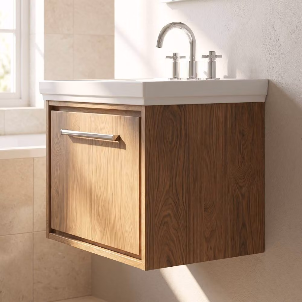Balterley Longnor Wall Hung Single Drawer Bathroom Vanity Unit with Rectangular Basin in Antique Oak Brown, W/D/H: 63 x 47.1 x 49.7 cm – 4