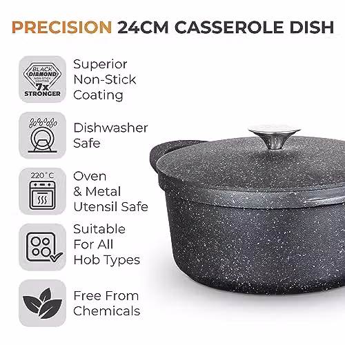 Tower Precision Lightweight Cast Aluminium Casserole Dish with Aluminium Lid, Black, Diameter: 24 cm – 2