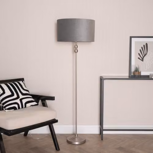 ValueLights Maggie Candlestick Floor Lamp in Chrome with Grey Velvet Shade and Warm White Bulb, H 151 cm x W 45 cm x D 45 cm – 2