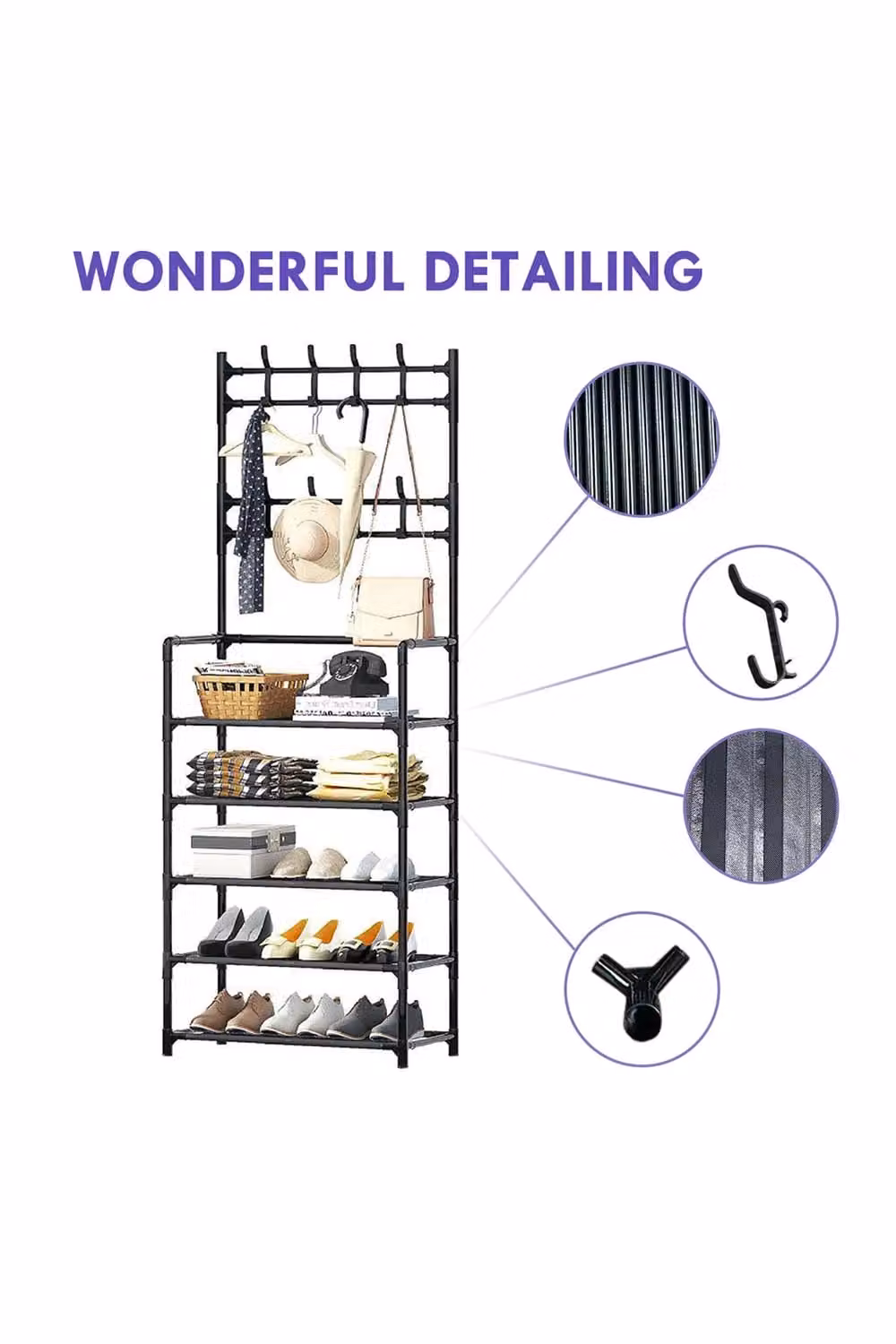 H&O Direct Modern 5 Tier Metal Entryway Shoe Rack with Coat Hanger in Matt Black – 2