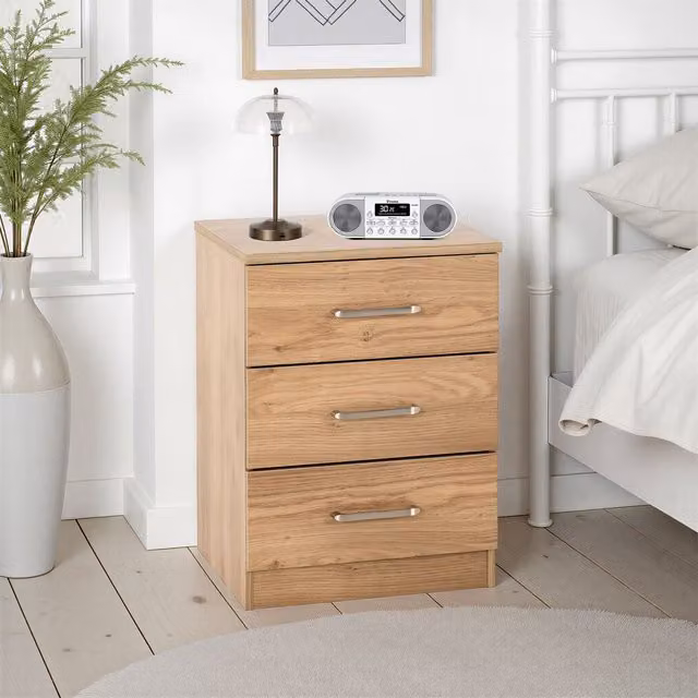 Seconique Dakotia 3 Drawer Bedside Table in Light Oak – 1