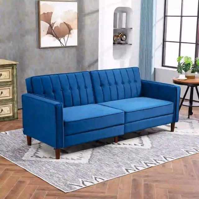 Chilli Seating Blue Velvet Three-Seater Sofa Bed with Adjustable Headrest and Foam Upholstery