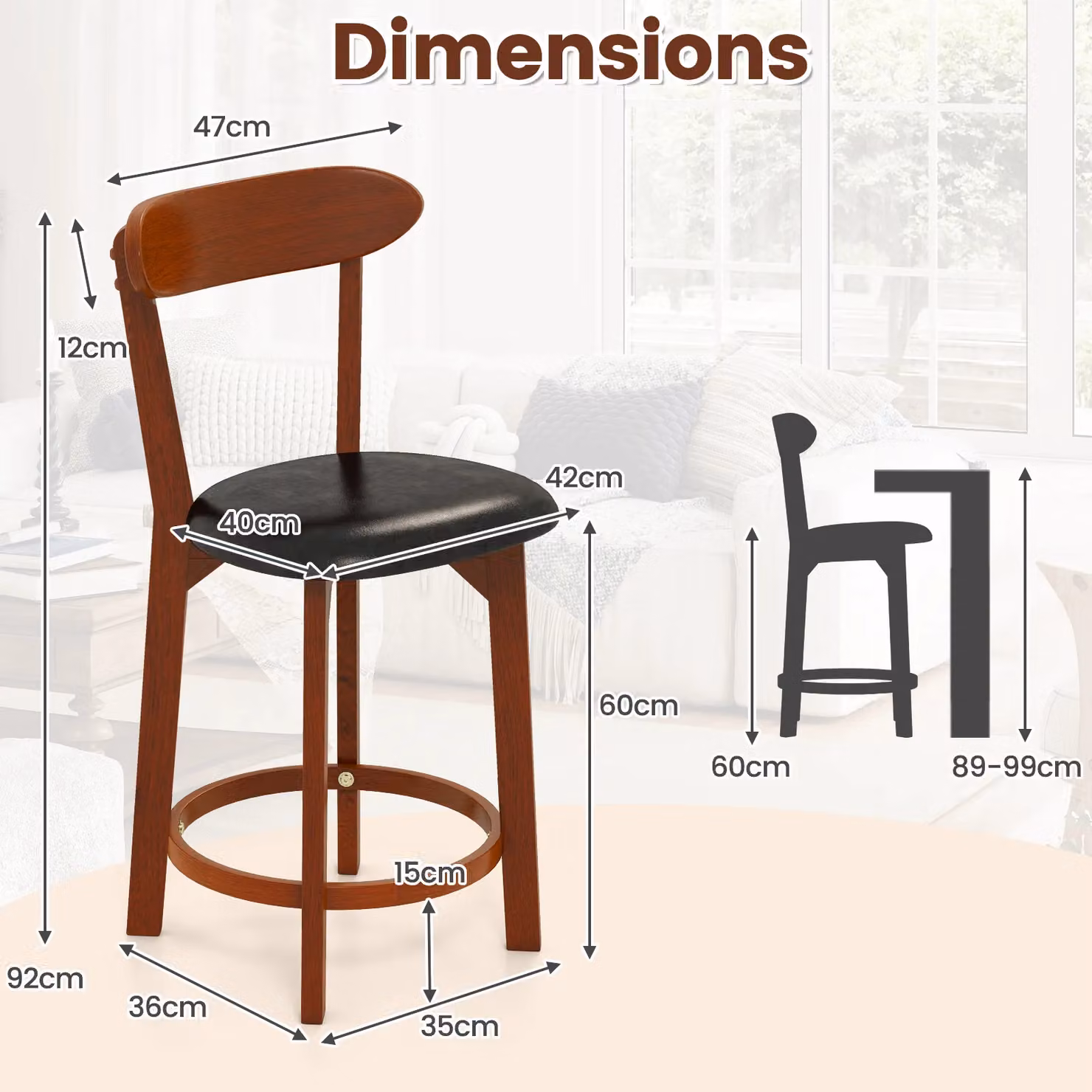 Gymax Set of 2 Modern Walnut Bar Stools with Curved Backrest and Synthetic Leather Seat, Seat Height: 77 cm – 2