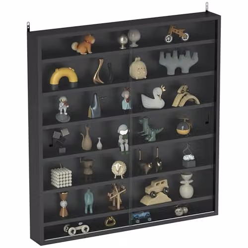 HOMCOM 7-Tier Wall Mounted Display Cabinet with Glass Doors in Black, W/H: 80 x 83 cm