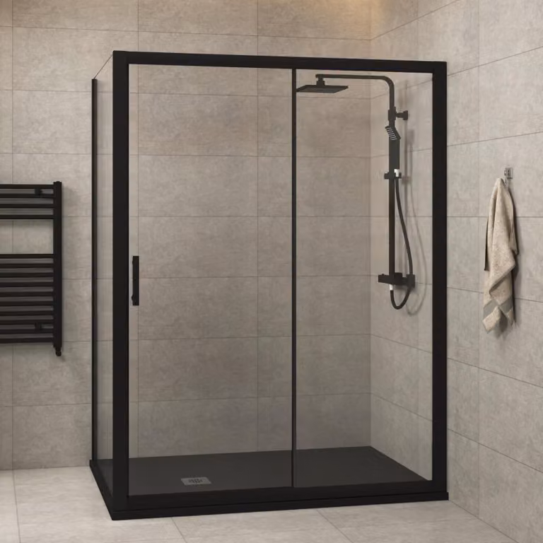 Royal Bathrooms Milan Rectangular Sliding Door Shower Enclosure, 6mm Glass, Matt Black, W: 110 cm, D: 90 cm