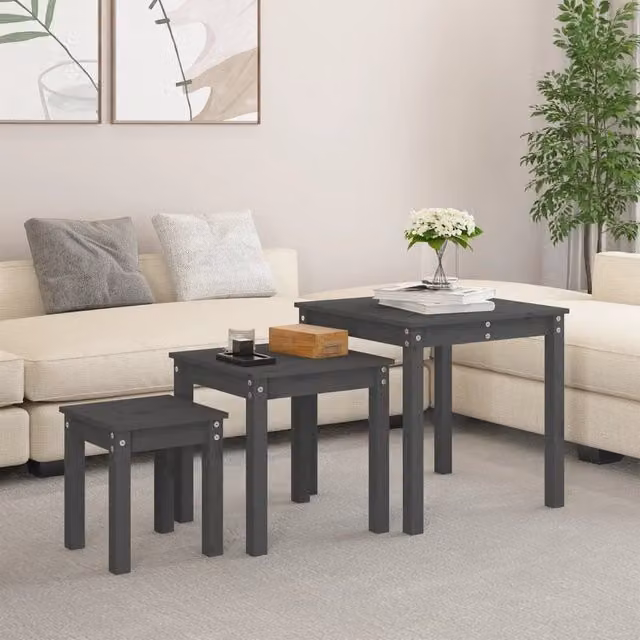 Berkfield Home Nesting Tables, Set of 3, Grey Solid Pine Wood