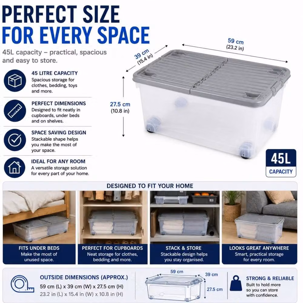 PAWNORA Pack of 3 Under Bed Storage Boxes, 45L, Transparent – 2