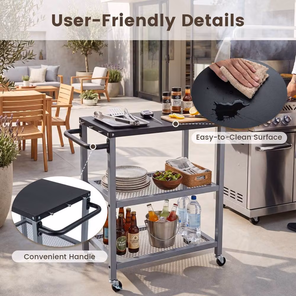 Costway 3-Tier Rolling Metal Kitchen and Garden Utility Cart with 6 Hanging Posts in Silver – 7