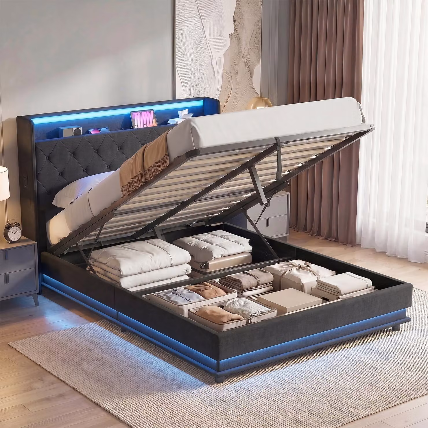HOMCOM Black Double Bed Frame with Headboard, Hydraulic Storage, LED Lights and USB Charging Station, 140 x 200 cm – 2
