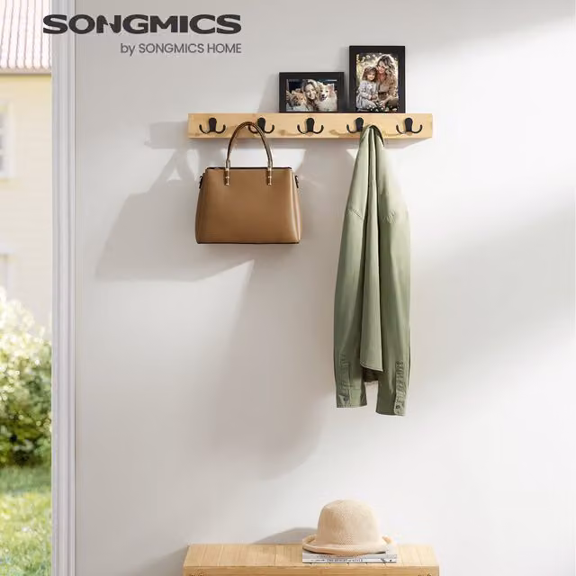 SONGMICS Wall-Mounted Coat Rack with Shelf and 5 Double Hooks in Yellow
