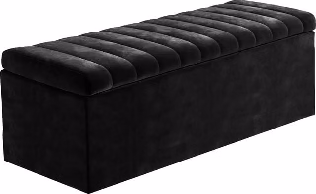 R&M Furnishers Black Striped Plush Velvet Upholstered Blanket Chest with Padded Top