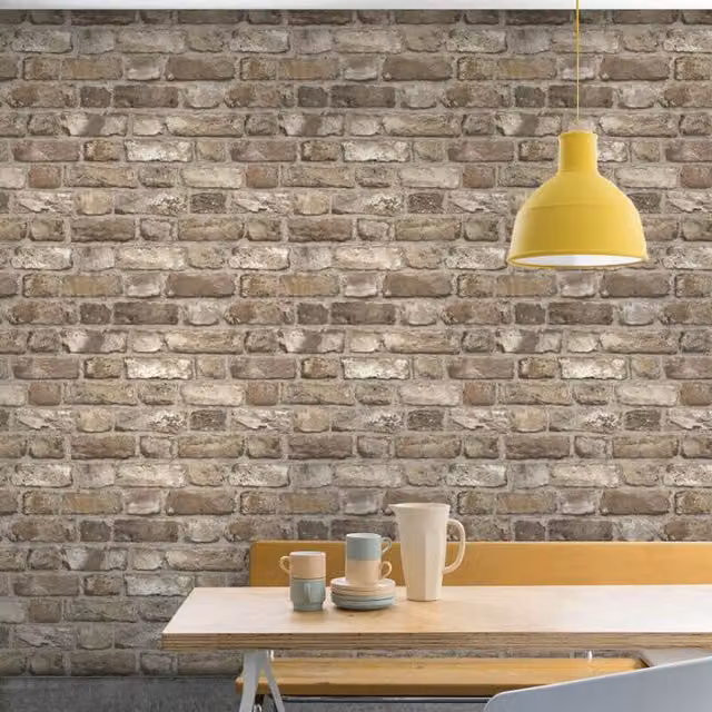 Grandeco Industrial Realistic 3D Effect Brick Wallpaper in Beige and Yellow