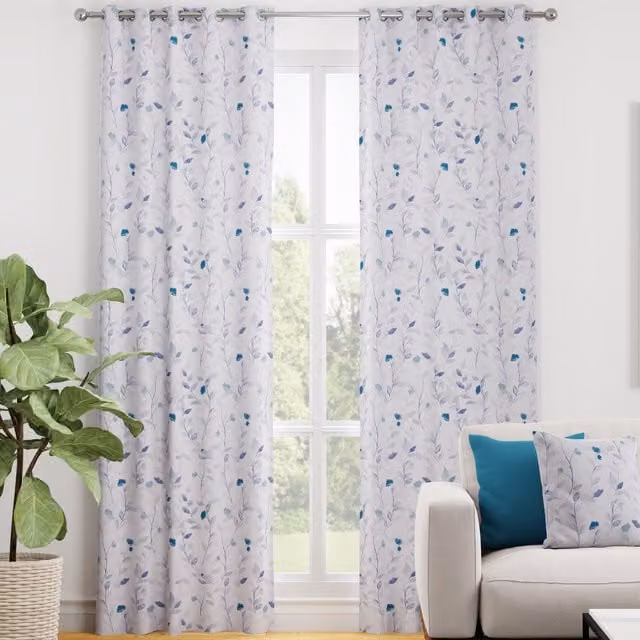 Terrys Serene Leaf Bloom Made to Measure Blackout Eyelet Curtain Panel in Blue Floral Cotton