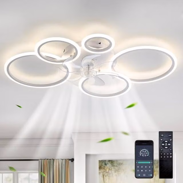 Garwarm Modern LED Ceiling Fan with 5 Acrylic Lamps in White