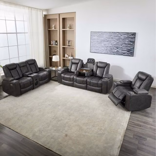 More4Homes Ashton Fabric Auto Recliner Sofa Set in Grey with LED Lighting, Cup Holders and USB Charging