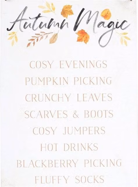 Uniqueful Autumn Magic Metal Hanging Sign with Multicolour Leaf Illustration