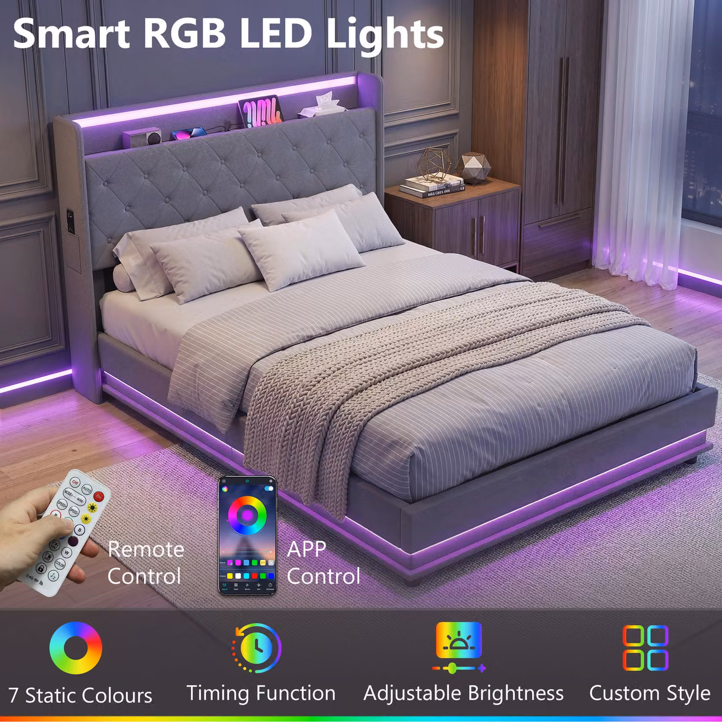 HOMCOM Grey Fabric Double Bed Frame with Headboard, Hydraulic Storage, LED Lights and USB Charging Station, W/D/H: 140 x 200 cm – 4