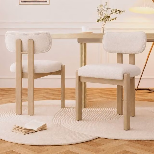 Rolipo Set of 2 Modern Solid Oak Dining Chairs in Beige Boucle Fabric – 1