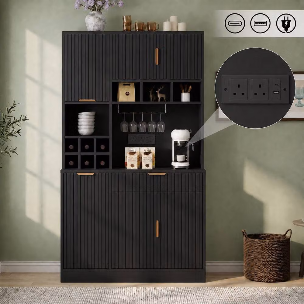 Merax Modern Tall Kitchen Pantry Cabinet with Power Outlets and Wine Storage, Black, H: 175 cm, W: 40 cm, D: 100 cm – 3