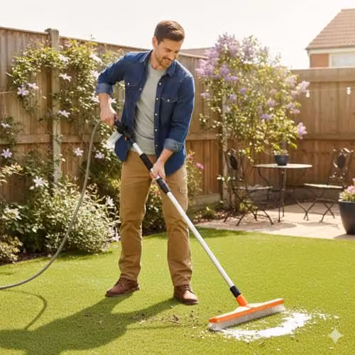 Lazy Tools Artificial Grass Rake with Hose Attachment and Cleaning Fluid Dispenser, Orange and Black, Sweep Width: 45 cm, Handle Height: 8-140 cm – 2