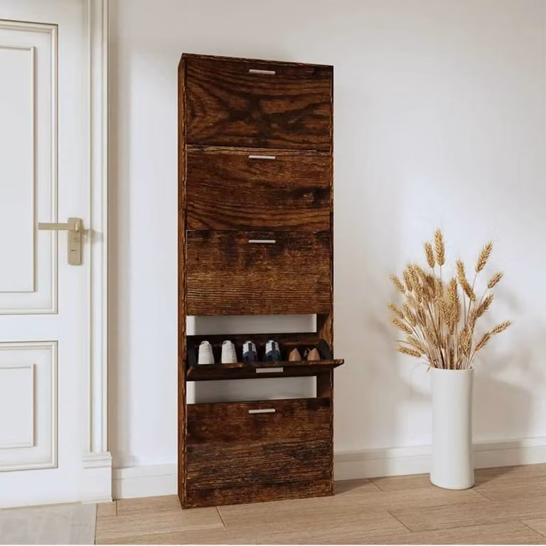 Berkfield Home Modern Smoked Oak Shoe Cabinet in Brown, W/D/H: 59 x 17 x 169 cm