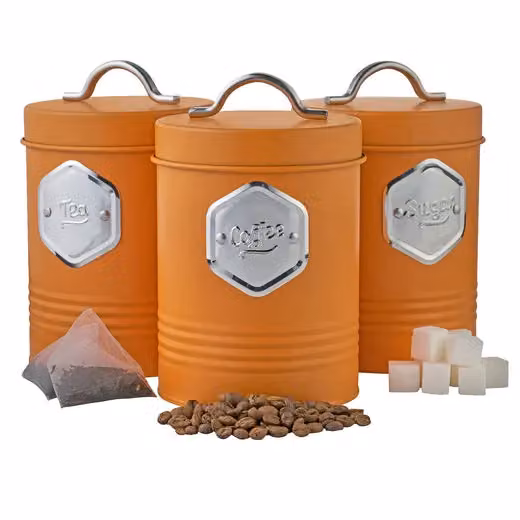 Cooks Professional 3-Piece Tea, Coffee and Sugar Canister Set in Orange with Silver Labels and Airtight Lids – 2