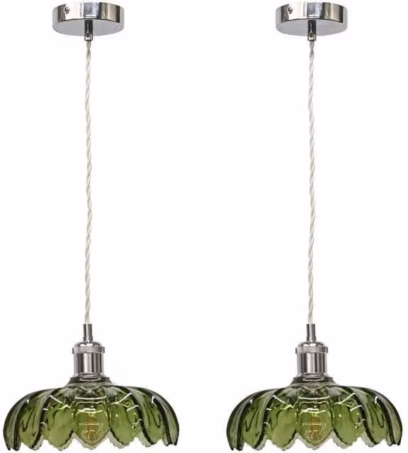 First Choice Lighting Alice Set of 2 Green Leaf Design Glass Pendant Shades with Chrome Flex – 1