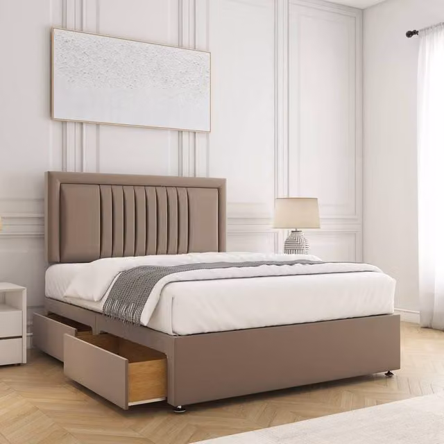 BSSPOKE Canes Velvet Divan Bed with 24 inch Headboard, 2 Drawers and Mattress in Bronze, Super King Size (W/D/H: 200 x 200 cm)