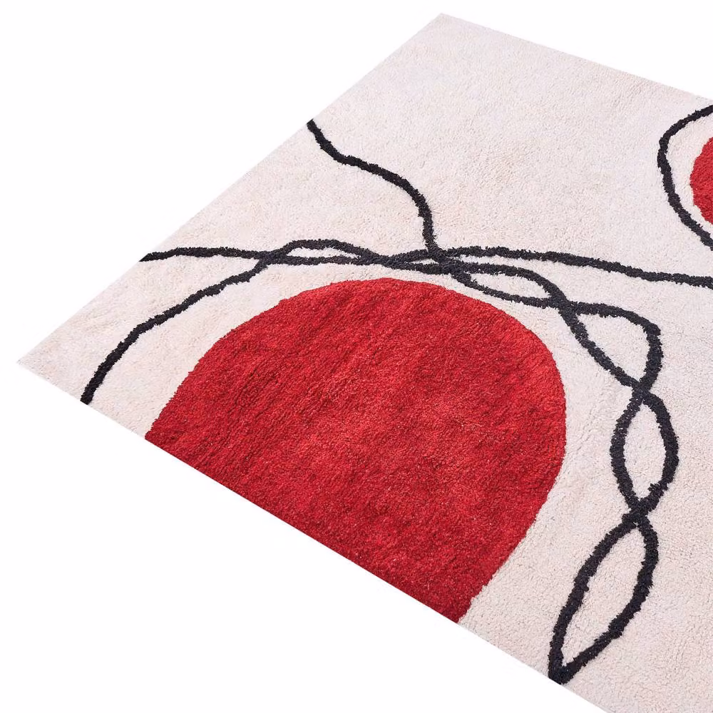 Wyld and Coco Ethos Home Hand Tufted Cotton Abstract Retro Rug in Beige and Red, W: 140 cm, L: 200 cm – 2