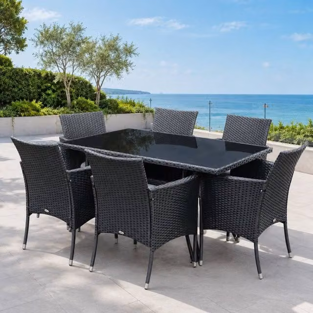 STILVORA 7-Piece Modern Dining Set in Black with Metal and Rattan Details – 1