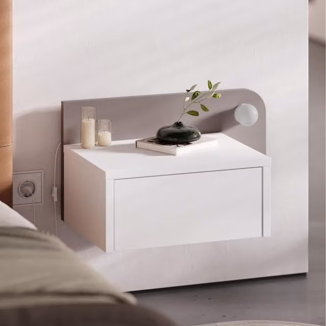 Decortie Dotta Modern Wall Mounted Bedside Table with Integrated Lighting in White and Grey